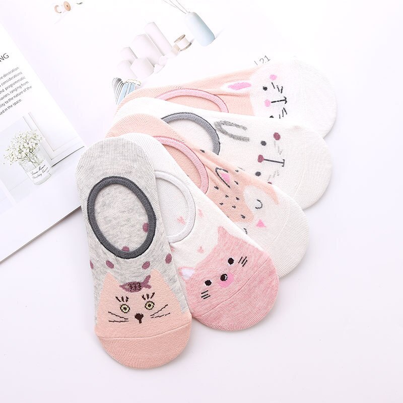 5 Paren/partij Lente Zomer Korea Sokken Vrouwen Cartoon Kat Vos Leuke Animal Print Grappige Onzichtbare Boot Katoenen Sokken: D
