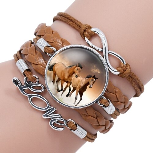 Exweup Vintage Horse Pattern Black Leather Bracelets Bangles Love letter Crystal Gem stone Bracelets Women Bangle Wristbands: F11170MI03