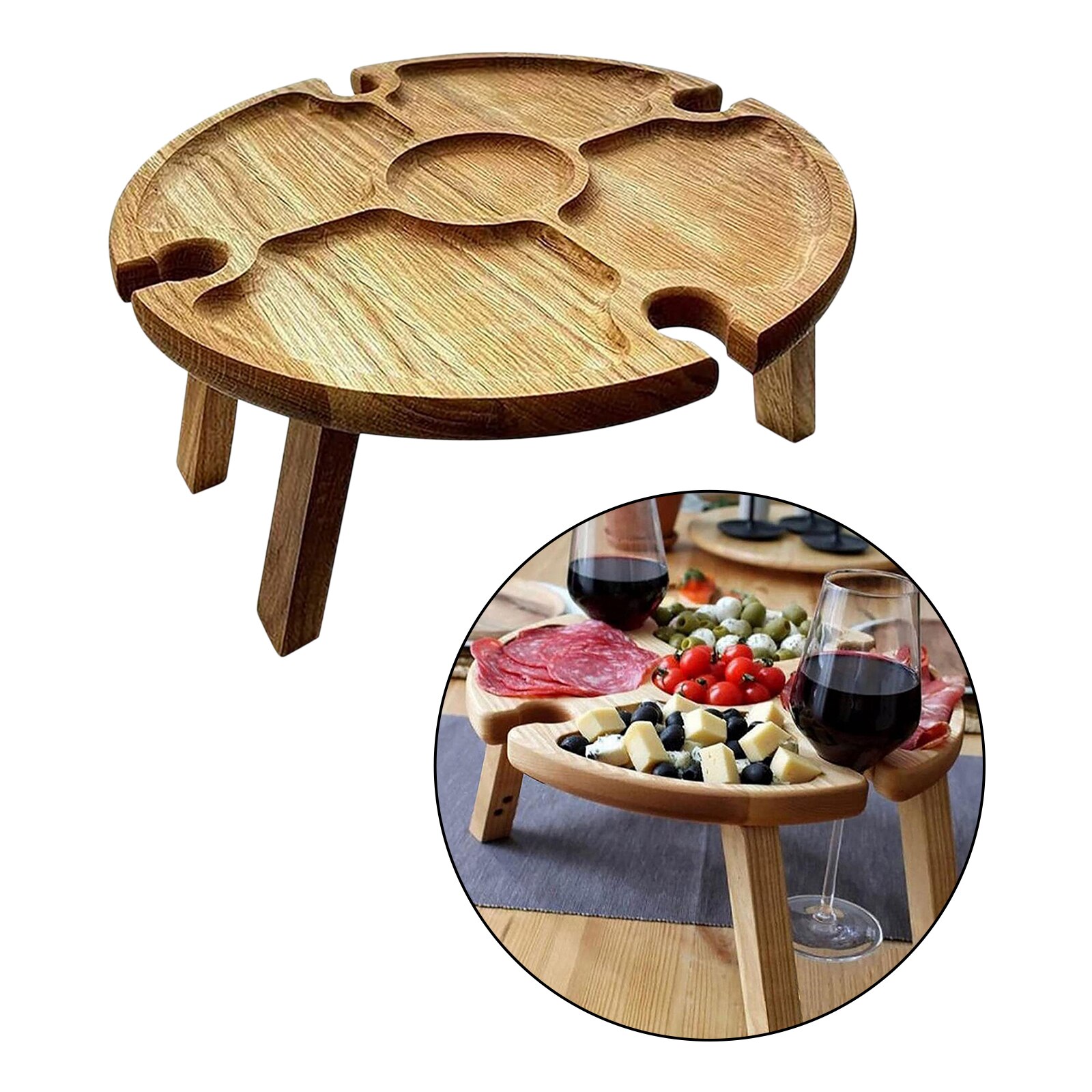 Wooden Outdoor Folding Picnic Table with Glass Holder, Outdoor Portable Picnic Table, 2in1 Wine Glass Rack &amp; Compartmental Dish