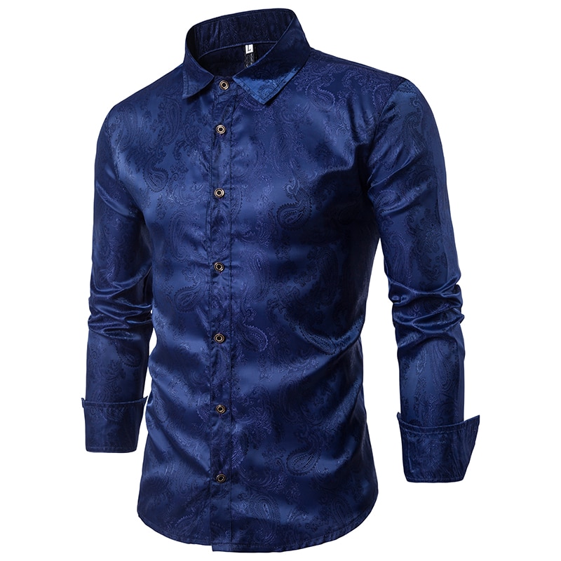 Höhe Hochzeit Party Hemd Bar Nachtclub Helle Lange Paisley Männer Lange Ärmeln Hemd: Marine Blau / XXXL
