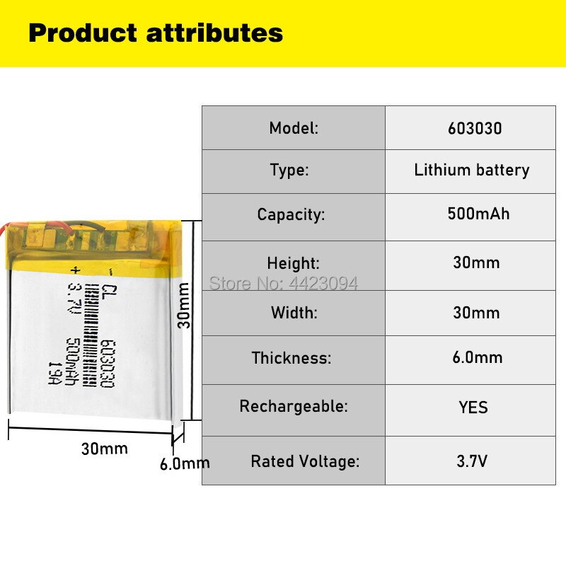 ANLB 3.7V 500mAh 603030 Batteria Ricaricabile Li-Po - Speaker Bluetooth, Smartwatch, Lettore MP3