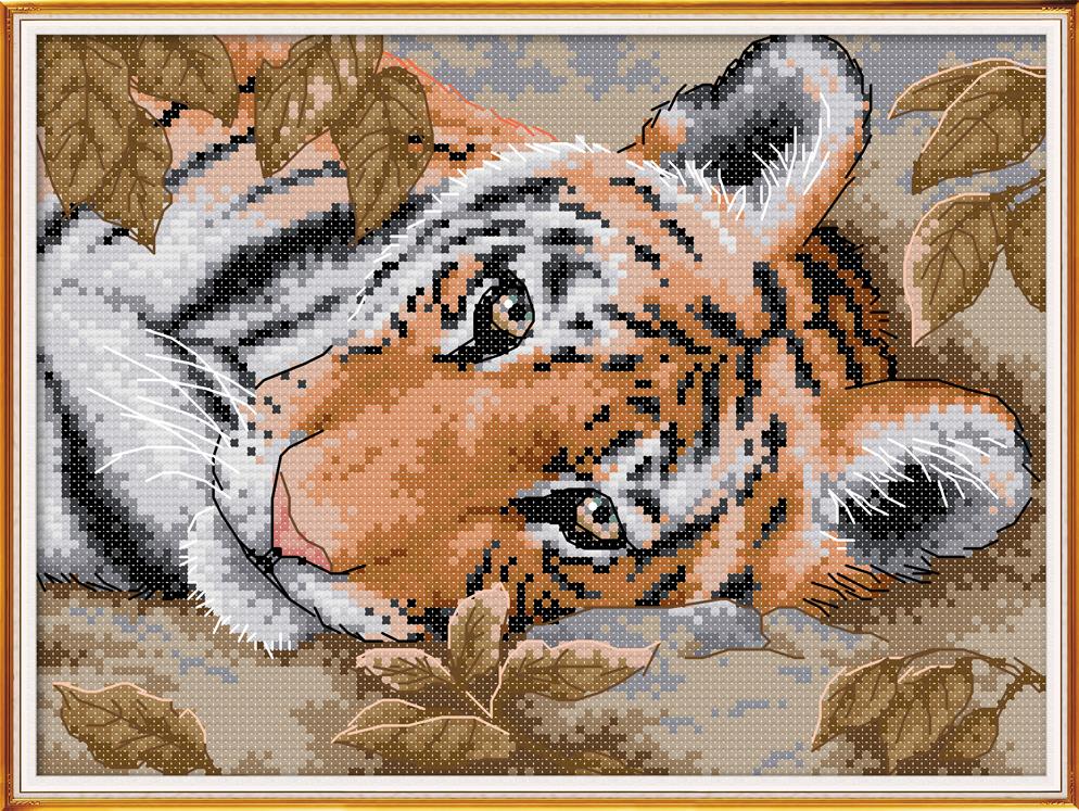 Glæde søndag tiger mønster dmc 14ct 11ct trykt korssting kit diy håndlavet bomuldstråd broderi boligindretning send: Da244 / 11ct hvide klude