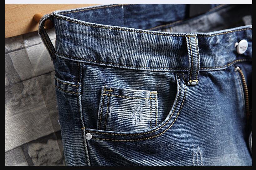 Men Big Holes Denim Shorts Summer Blue Short Jeans Men Cotton Casual Jean Shorts Knee Length Straight Jeans Size 36