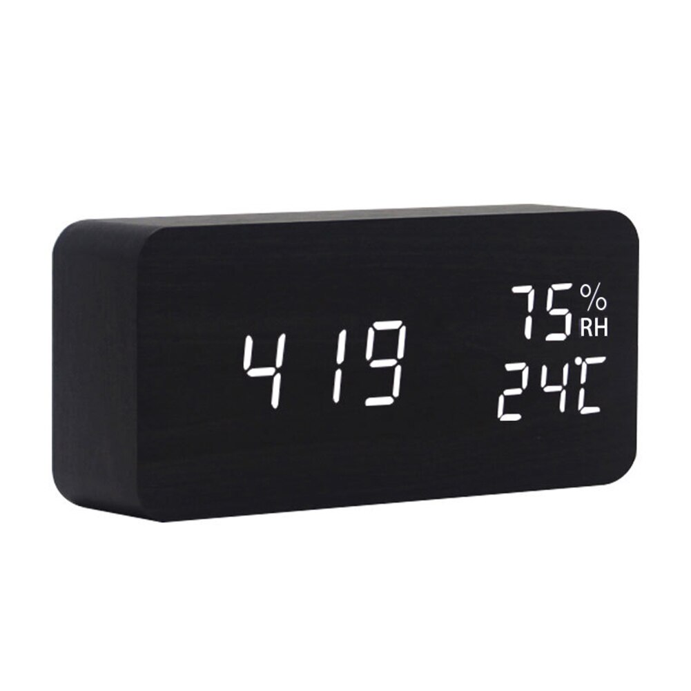Wooden Block Digital LED Clock Multifunction Electronic Alarm Clocks Voice Control Temperature and Humidity Clock: Black Wood