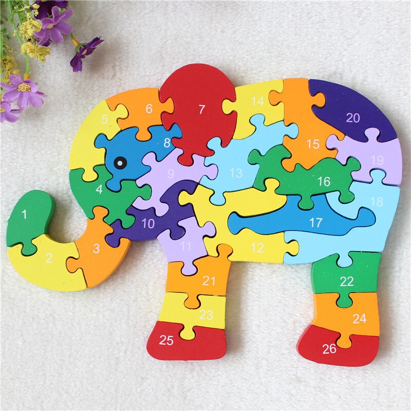 Wooden 3D Jigsaw Educational Toys Animals Elephant Cow Dinosaur Puzzle Wood Toys Kids Numbers Alphabetic Letters Learning Toys