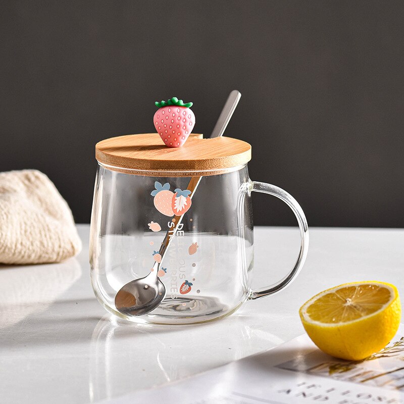 Spoon with lid cartoon strawberry cute water cup transparent cup drinking borosilicate cup coffee milk juice drink cup: B