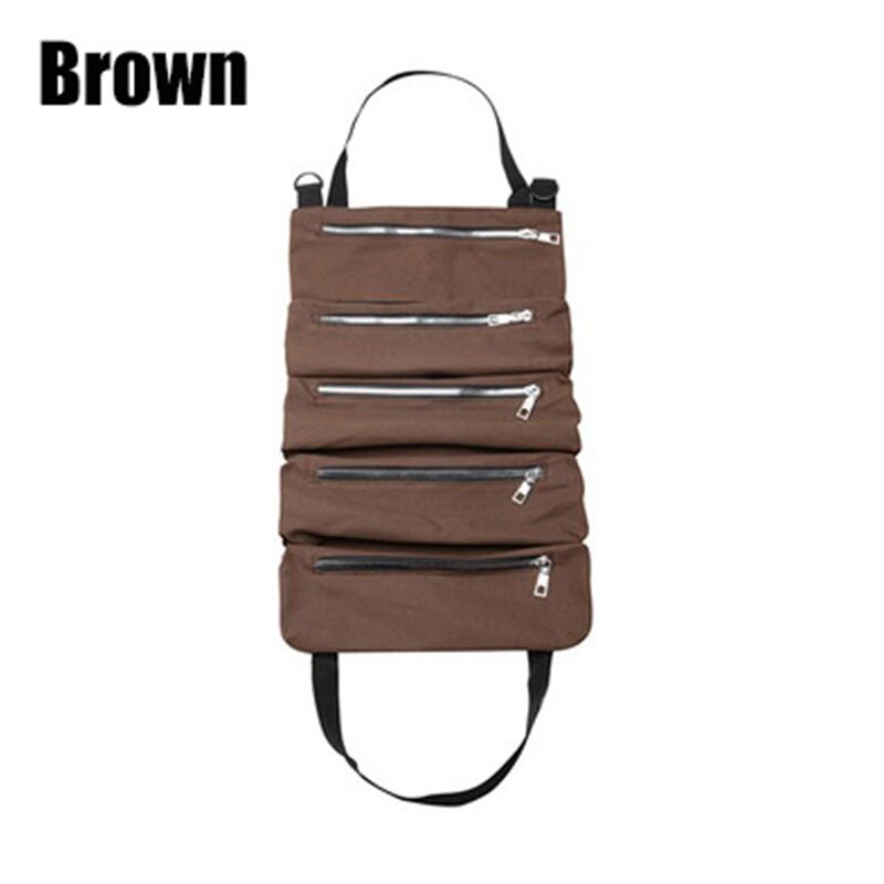 Multi-Purpose Tool Roll Up Bag Canvas Foldable Roll Pack Tool Bag Zipper Carrier Tote Working Storage Bag Waist bag: Brown
