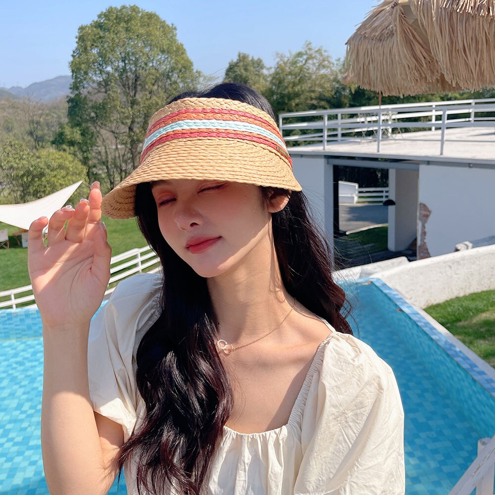 RAFFIA Summer lady Empty Top Sun Visor Hat Beach hat Summer hats straw Wide Brim Sun Caps UV Protection Hat For Men And Women