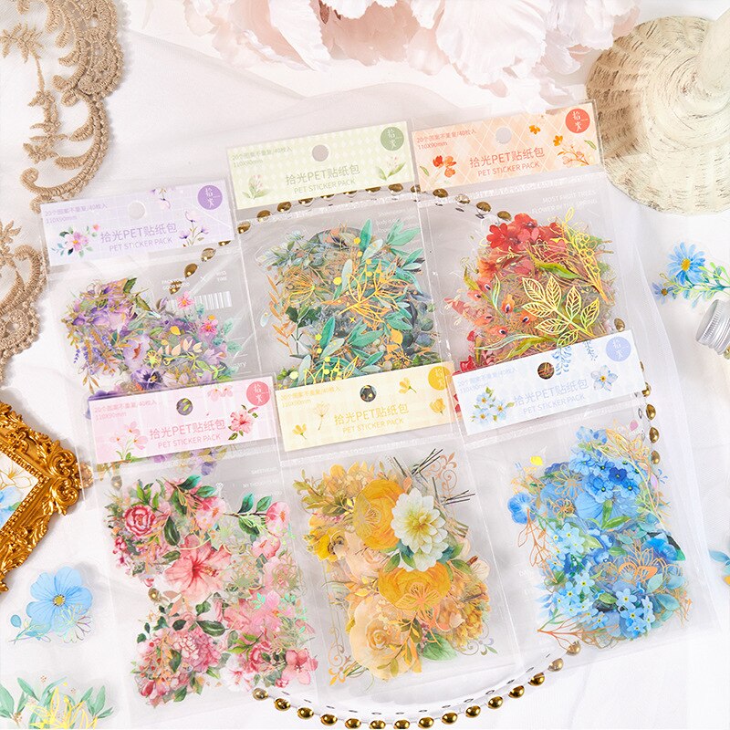 DIY 40 pcs Golden Outline Spring Flowers Art Life Home Journal Decorative Stickers