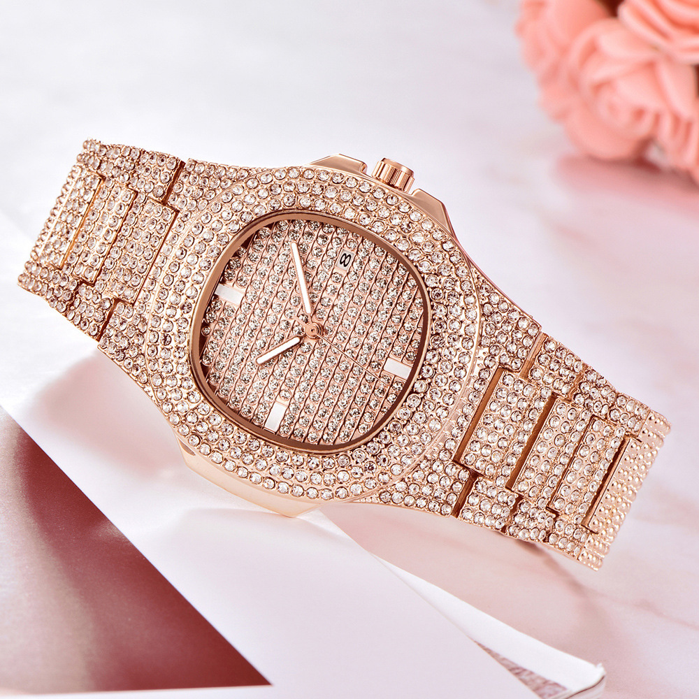 Hip Hop Iced Out Goud Kleur Horloge Quartz Luxe Volledige Diamond Ronde Horloges Heren Rvs Horloge