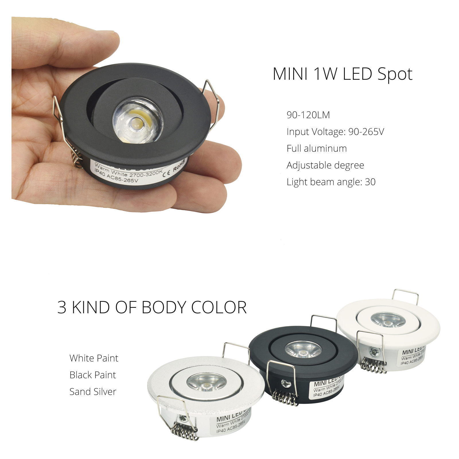 10pcs 1W 3W LED Recessed Down light Spot Ceiling Light Small Size Cut 40-45mm White Silver White Finish Full Aluminum