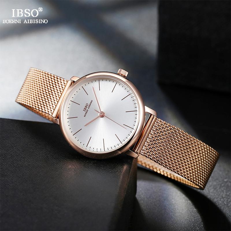 IBSO – ensemble de montres Ultra fines pour femmes, 8mm, maille or Rose, bracelet en acier inoxydable, à Quartz, horloge, pour dames