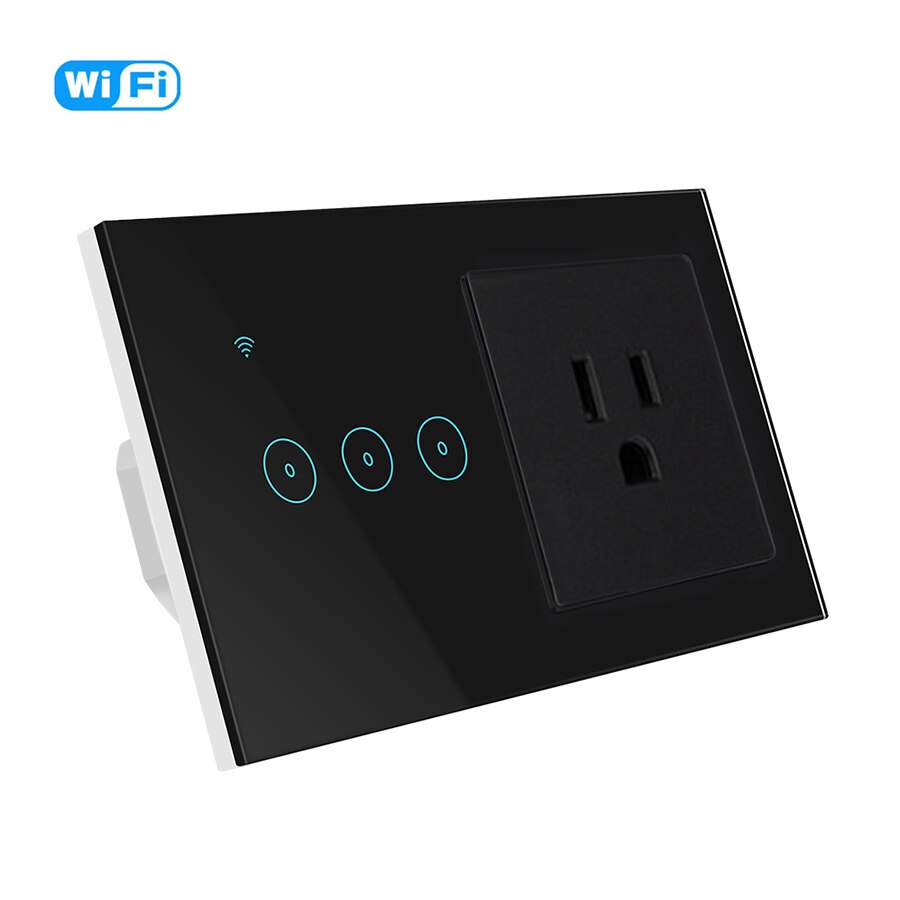 Tuya Smart Life Electrical Socket and Switch WiFi LED Light Touch Wall Switch 3 gang and US Socket Compatible Alexa Google Home: Black 3 Gang