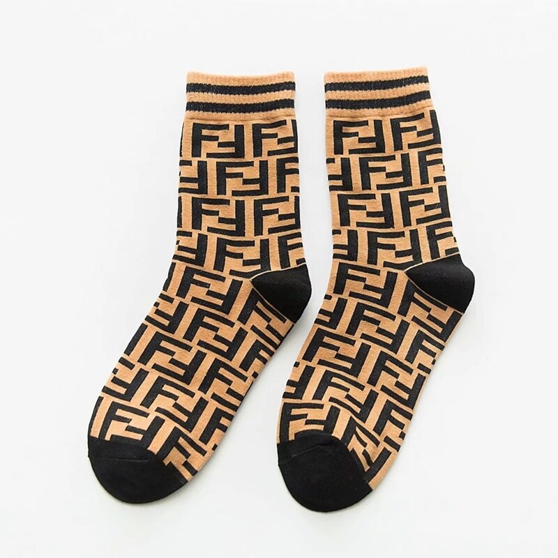 Women F Pattern Cotton Ins Crew Socks Street Style Sport Dress Sox: Orange