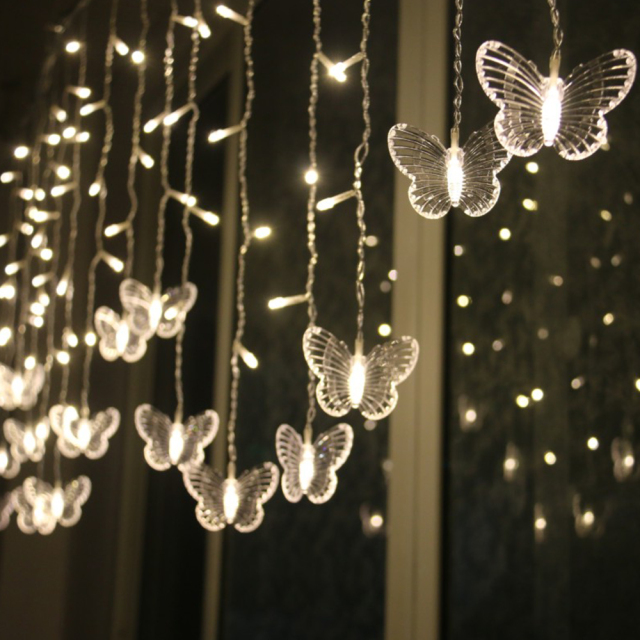 Guirnalda de mariposas LED rosa y morado, cortina de luces de hadas para habitación, sala de estar, hogar, decoración de boda, decoraciones para dormitorio: Verde / M