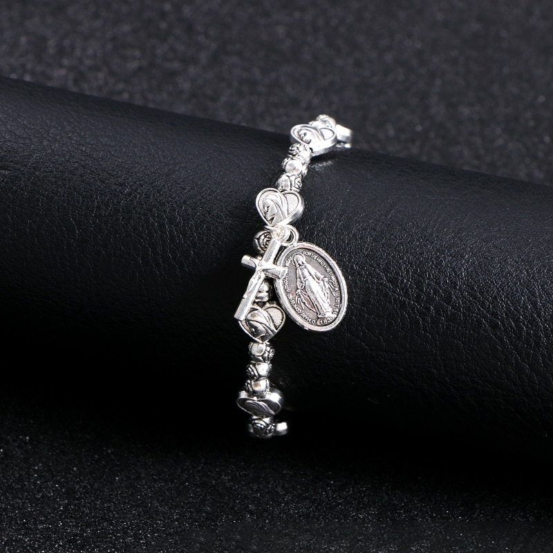 KOMi Religious Catholic Metal Sliver Beaded Bracelets Men Women Orthodox Christ Juses Cross Virgin Mary Pendant Bracelets R-323