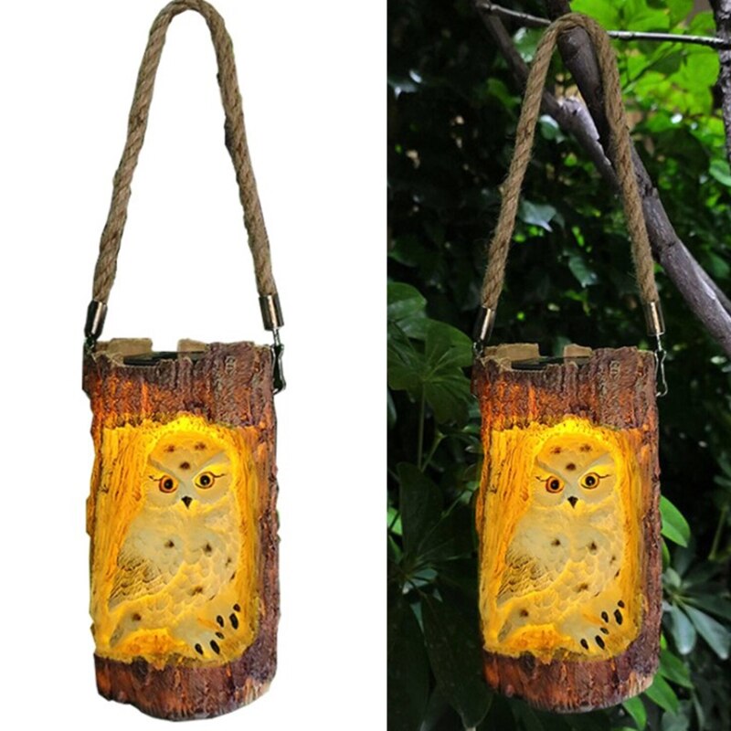 Cute Tree Stump Owl Solar Chandelier Waterproof Simulation Carving Decoration Outdoor Courtyard Garden Hanging Lamp