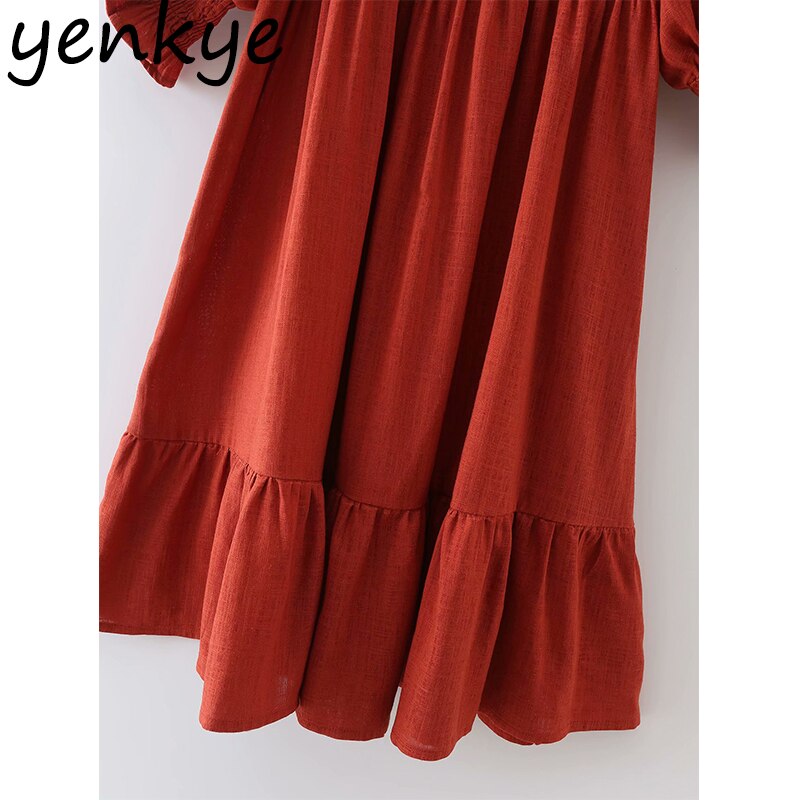 YENKYE Spring Women Solid Cotton Dress Female Square Neck Half Sleeve Casual Dress Short Vestido