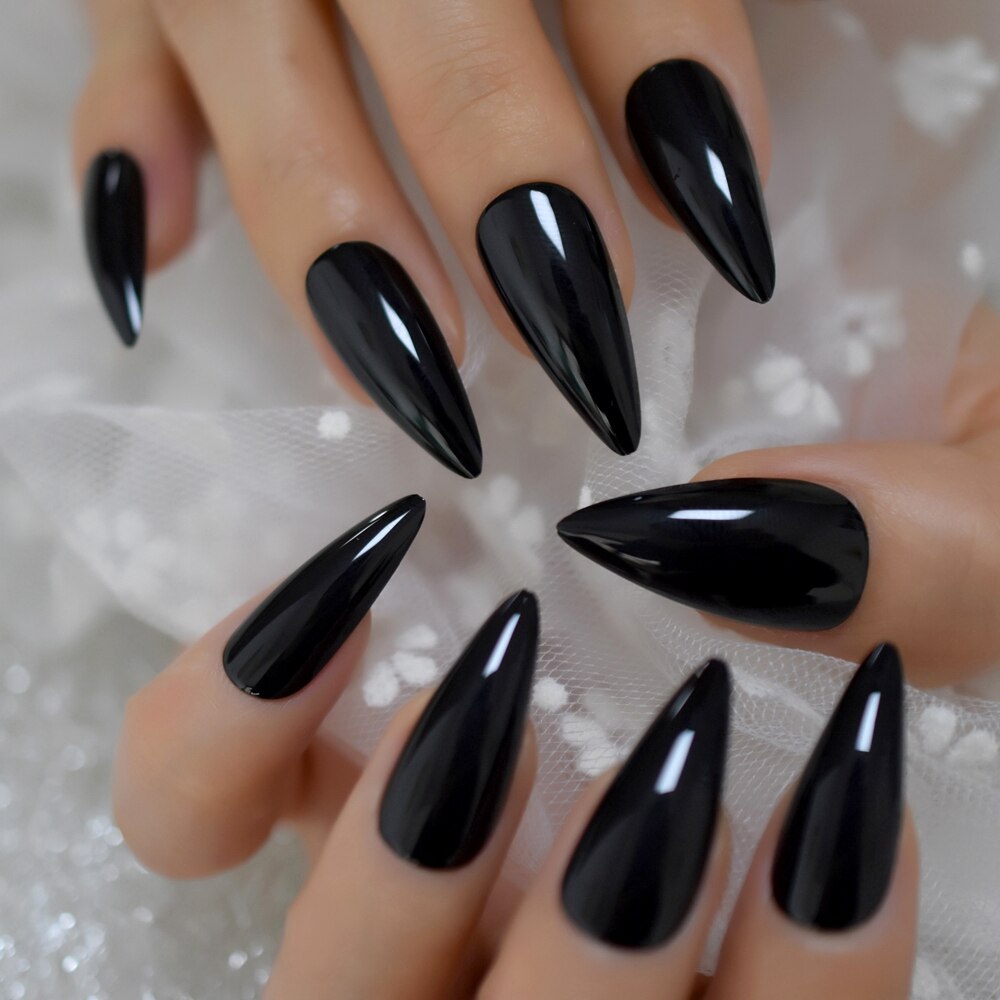 Faux ongles bordeaux à pointe pointue, en acrylique, pour Salon, couverture complète avec autocollant gelée, 24 pièces: L5613