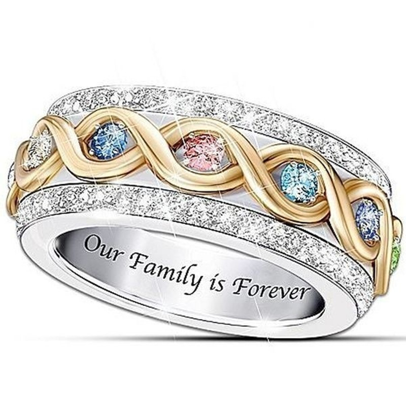 Two Tone Gold Dames Ring multi-color Zirkoon Crystal Onze Familie is Voor Altijd Gesneden Familie Anniversary