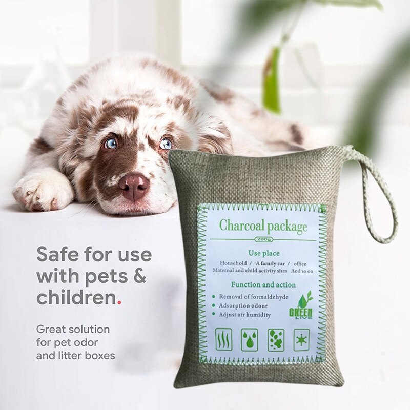 Bolsa de eliminación de olores de carbón de bambú verde transpirable (paquete de 4), absorbedor de olores de carbón activado para el hogar, mascotas, coche, armario, base