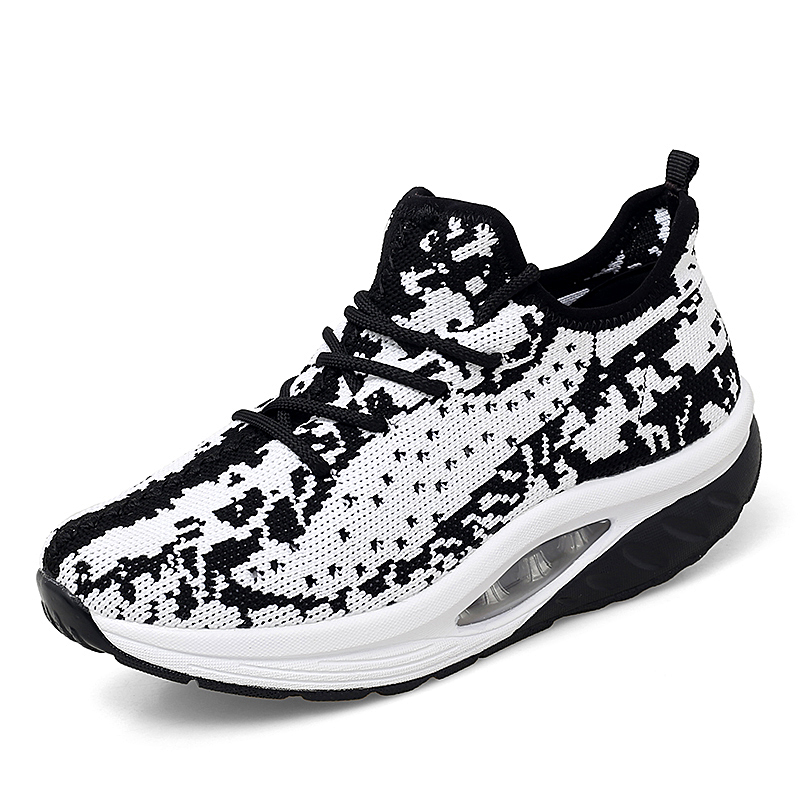 Zapatos deportivos de para mujer, zapatillas de suela gruesa, zapatos de plataforma de tejido volador, zapatillas tonificadoras de cuña, zapatos de balanceo transpirables: Black White / 39