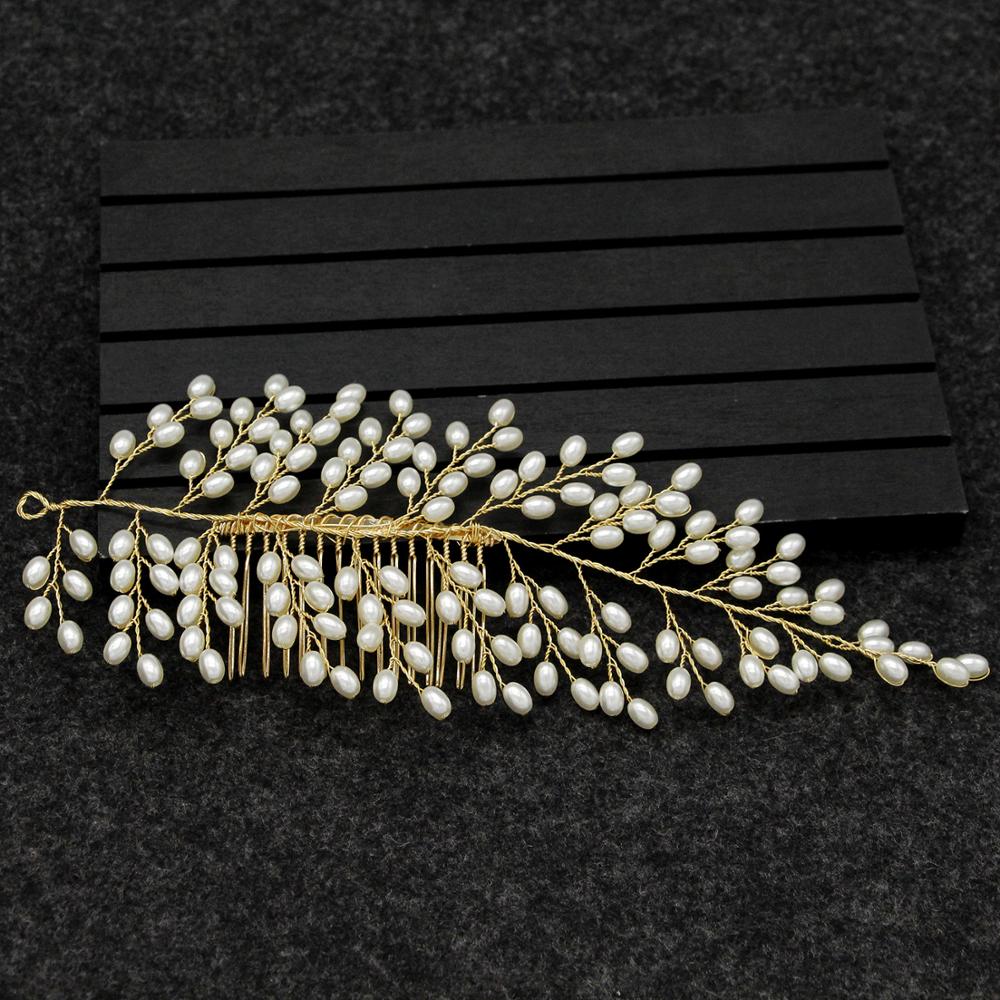 metal Leaves Pearl Mori crepe Hair combs women girls party Headwear bride headpiece: Pure Gold Color