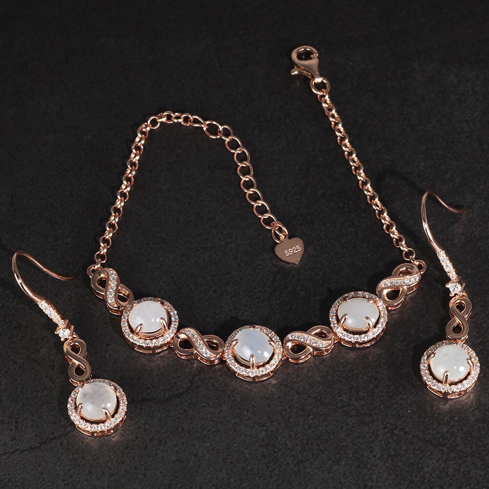 Natürliche Jade Edelstein Schmuck Sets Für Frauen Unendlichkeit Symbol 925 Sterling Silber 4 Krallen Einstellung Rose Gold Überzogen