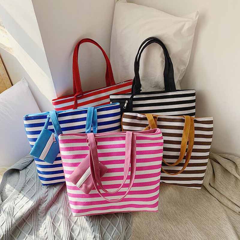 Gratis Winkelen Handtas Vrouwen Meisjes Canvas Grote Gestreepte Zomer Schouder Tote Strandtas Gekleurde Strepen