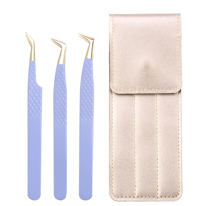 3Pc Eyelash extension Tweezers Set With Bag Stainless Steel Accurate 3D Volume Fan Lash Eyebrow Tweezer Makeup Tools Accessories: DARK COFFEE