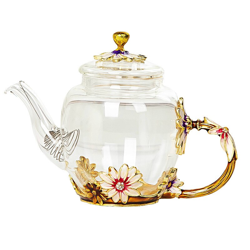 Beautiful Enamel Crystal Tea set daisy Glass Teapot for and Cold Drinks Home Drinkware Office kettle Teaware set coffee pot