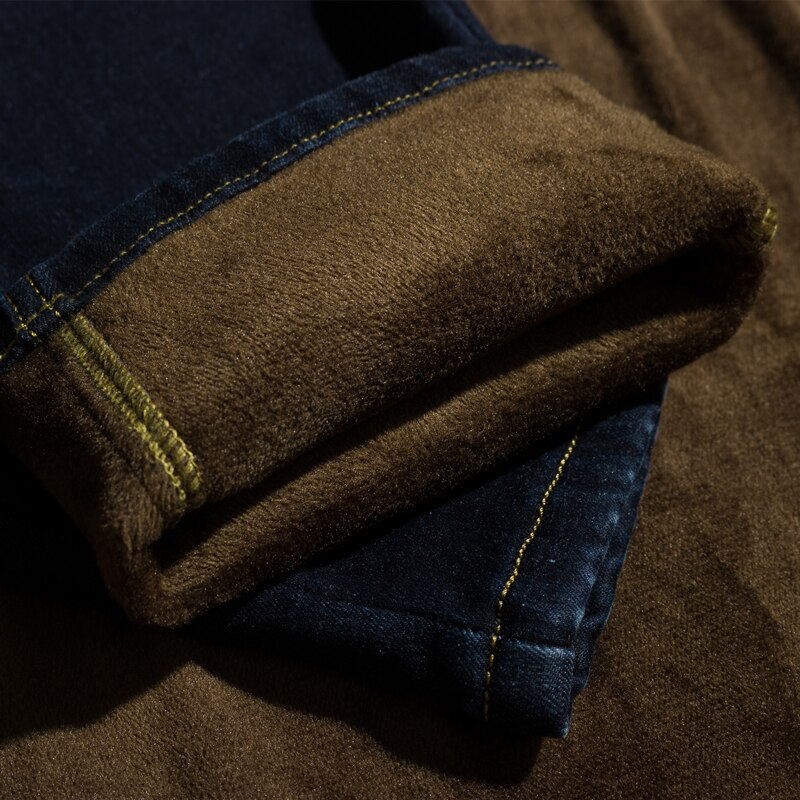 Inverno quente térmica flanela estiramento jeans dos homens de qualidade famosa marca velo calças homens em linha reta reunindo calças jean masculino 28-40