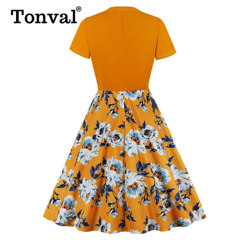 Tonval orange med blomster slips hals kort ærme sommer blomster kjole afslappet kvinder en linje vintage retro skater kjoler