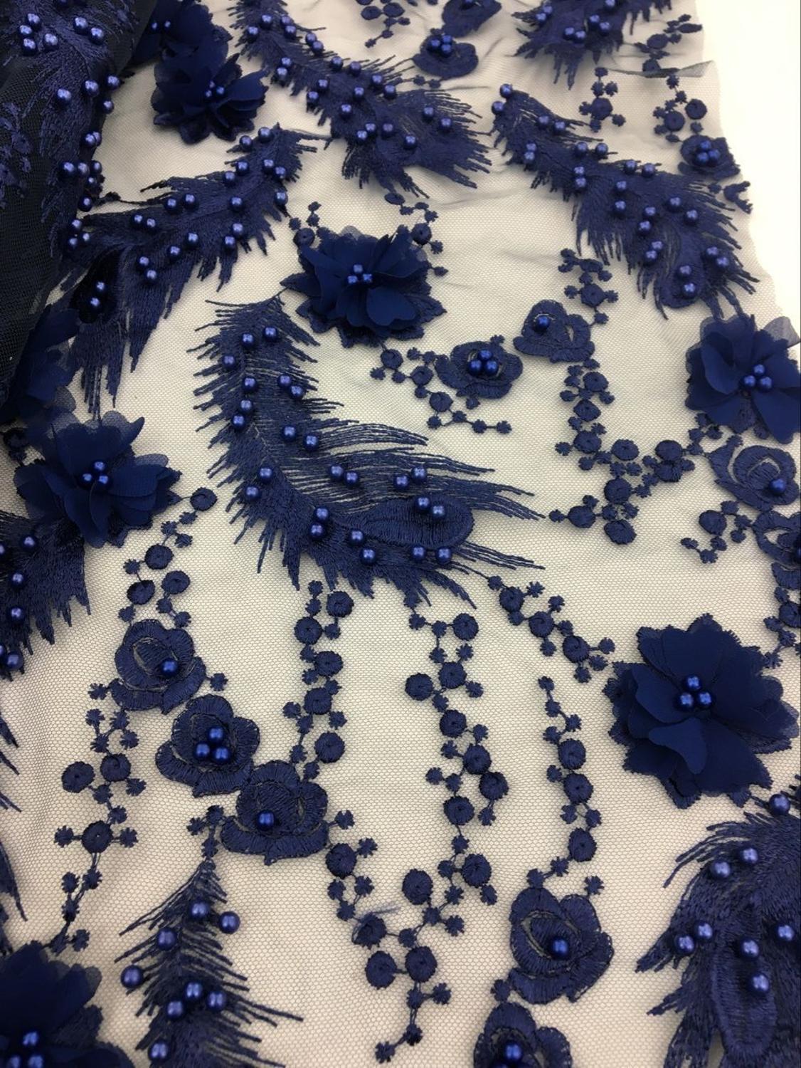 Tecido de renda 3d flor com pérola, artesanal, tecido de renda para vestido de noiva e noite, recém-nascidos, frisados, tecido de renda
