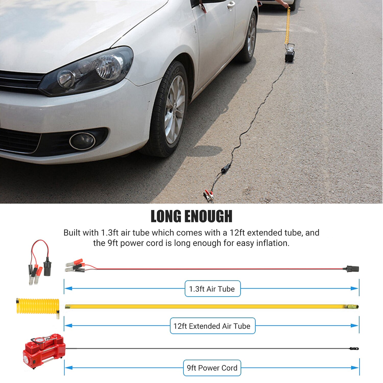 DC12V Dual Cylinder Air Compressor Portable Tire Inflator Emergency Car Air Pump with 3 Nozzles Extended Tube Carrying Case