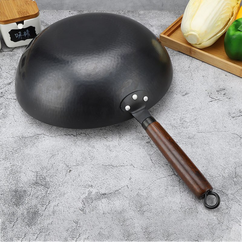 Sartén de inducción para Wok, 32cm, sin químicos, acero al carbono sartén para freír con mango de madera desmontable