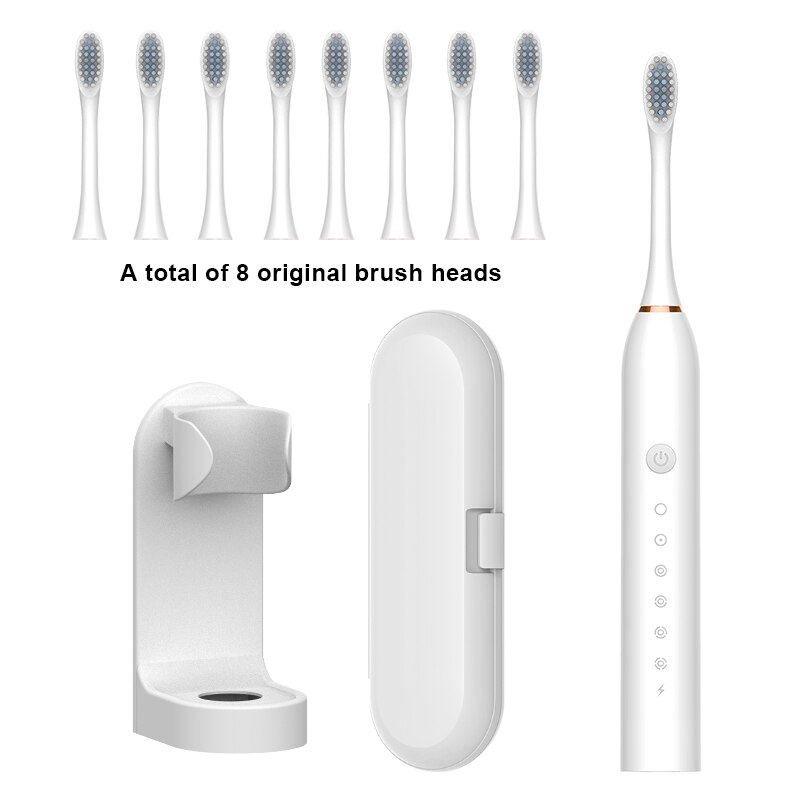 Sonic Electric Toothbrush Ultrasonic Automatic USB Rechargeable IPX7 Waterproof Whitening Teeth Tooth Brush Head Holder Adult: white 8 head set