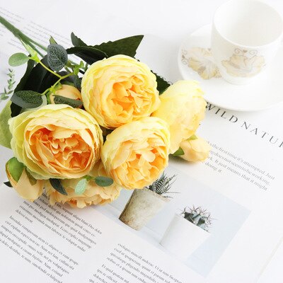 30cm pioner kunstig rose blomster bukett silke pion brud som holder blomster bryllup hjemmedekorasjon fest diy faux vår: Gul