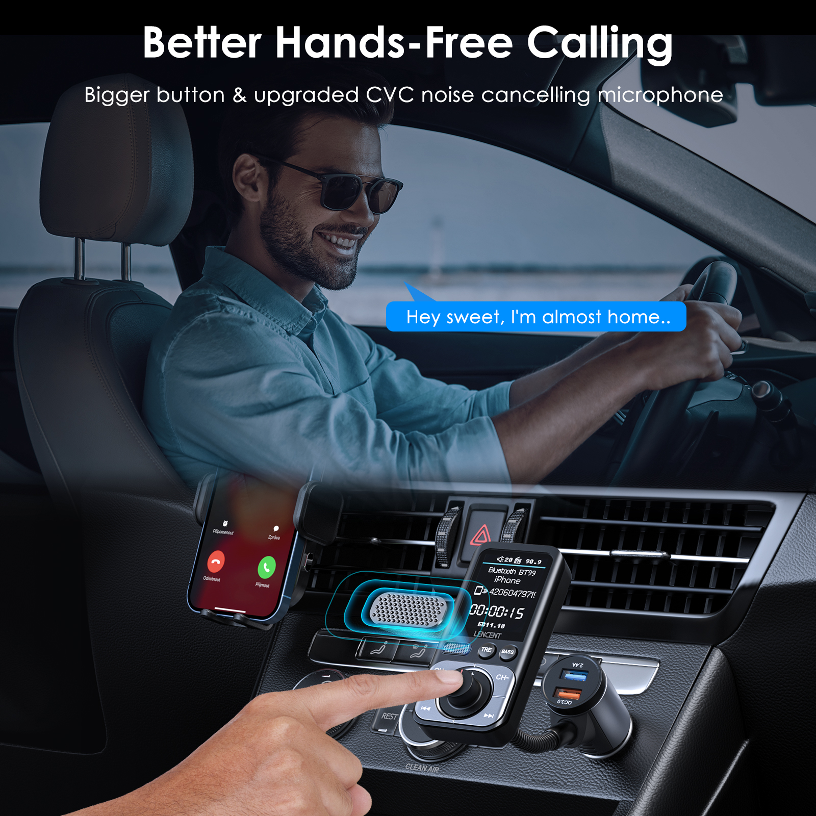 LENCENT Bluetooth 5.0 FM-zendermodulator met 2USB-poorten QC3.0 Auto Snellader MP3-speler Radiozender Carkit