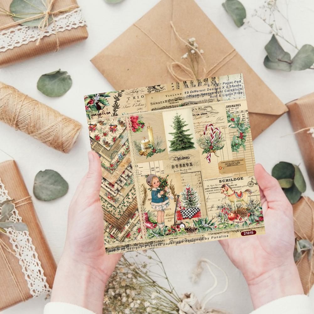 24 Sheets Scrapbook Paper Christmas Elements DIY Journal Supplies Aesthetic Retro Decorative Paper Scrapbooking Supplies Kit Eas