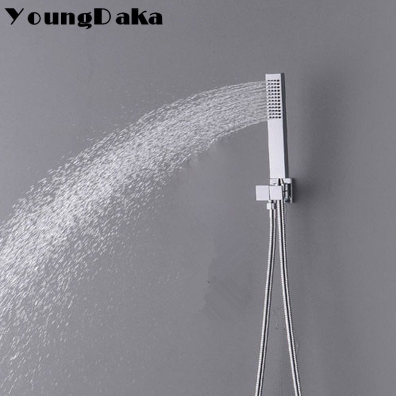 Brass Square Chrome Hand Held Shower Head With Wall Connector &1.5m Hose &Holder Set Water Saving Copper Handheld Sprayer system