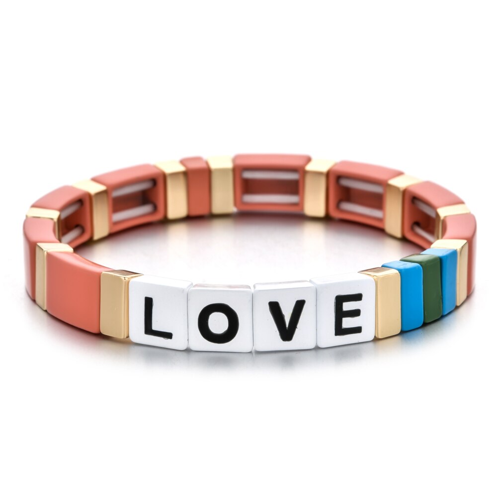 Mode Kleurrijke Regenboog Emaille Tegel Armband Vrouwen Meisjes Brief Liefde Armbanden Elasticiteit Manchet Bangles Partij Sieraden