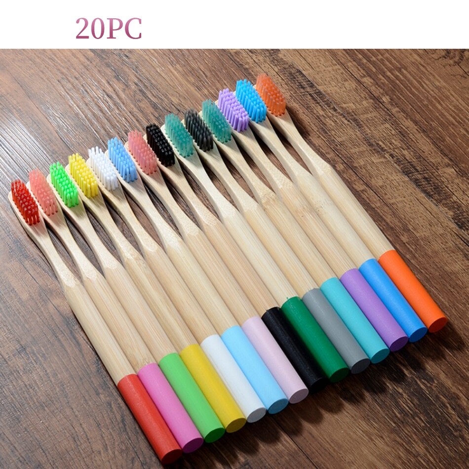 Brosse à dents en bambou arc-en-ciel, outil souple en fibre dentaire, biodégradable, à manche solide, 10/20/50/100 pièces: Round handle 20PCS