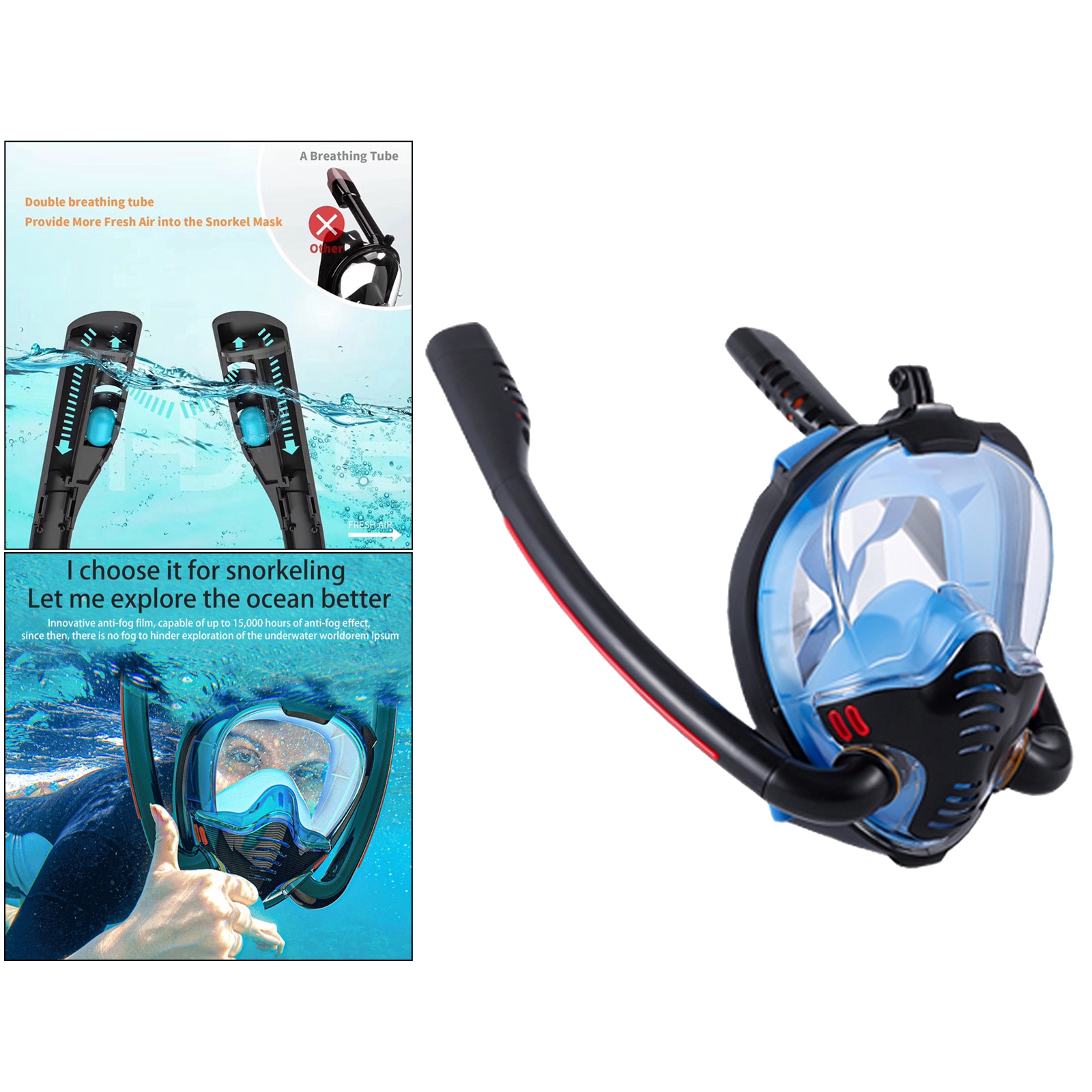 Sammenleggbar vanntett dykking full ansikts snorkel maske 180 graders anti-tåke snorkel svømme snorkel utstyr for voksne snorkel briller