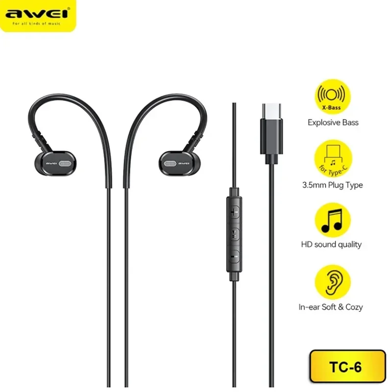 Awei TC-6 słuchawki przewodowe słuchawki douszne typu C zestaw słuchawkowy do telefonu słuchawki douszne z mikrofonem Stereo USB C z wtyczką basową