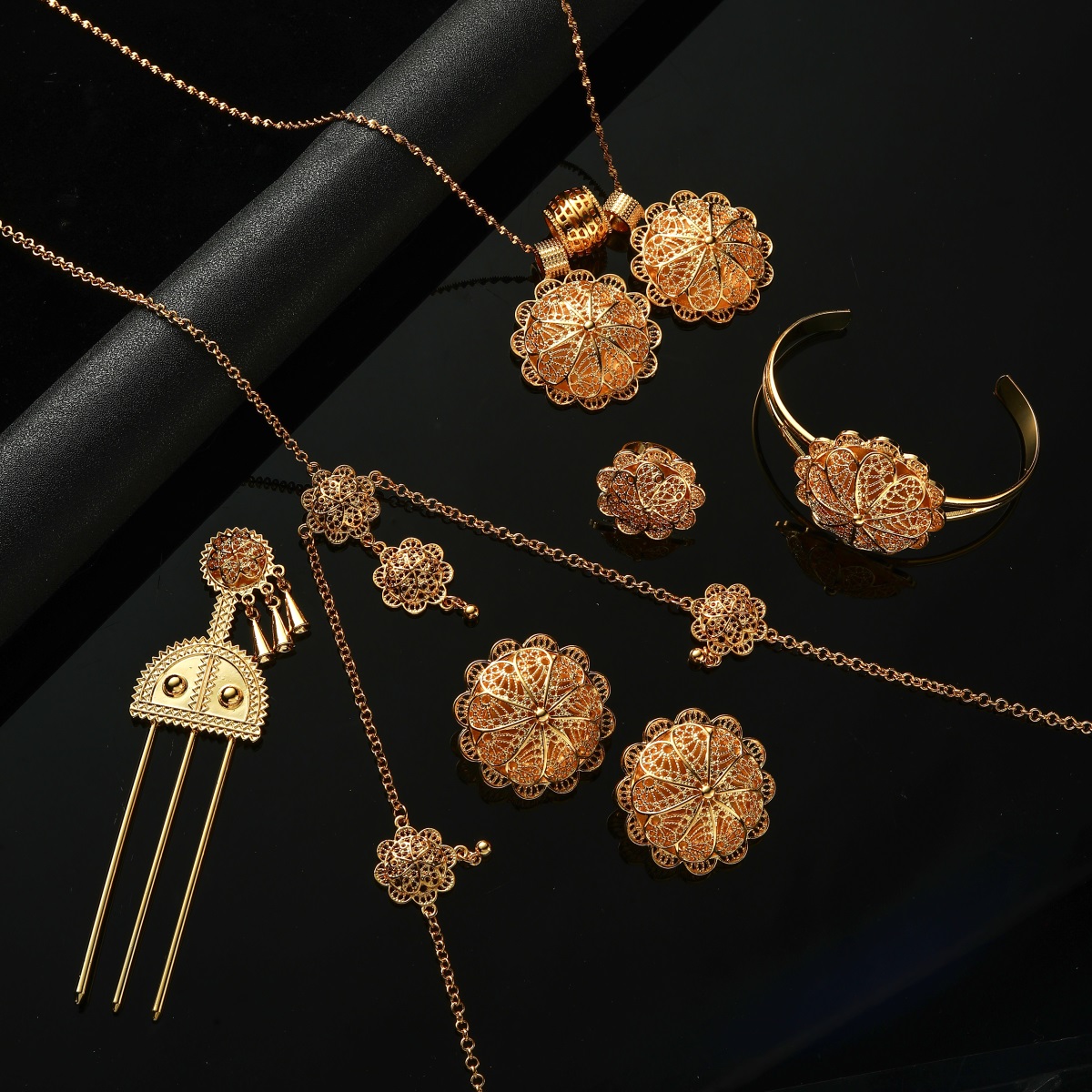 Goud Ethiopische Eritrean Afrikaanse Bruid Hanger Kettingen Oorbellen Ring Armbanden Habesha Sieraden Set Voor Vrouwen