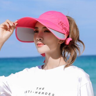Xdanqinx solskærm udtrækkelige solhatte til kvinder sommer damer tom tophat anti-uv overdimensionerede solskærm strandhuer til kvinder: Rosenrød