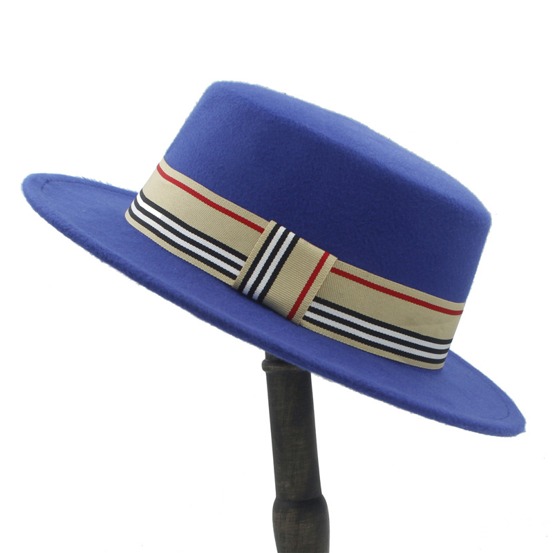 Frauen Männer Wolle Flache Homburg Filzhut Gentleman Schweinefleisch Kuchen Kirche Bootsfahrer Panama oben Kappen Gute Paket Größe 56-58 CM: Blau