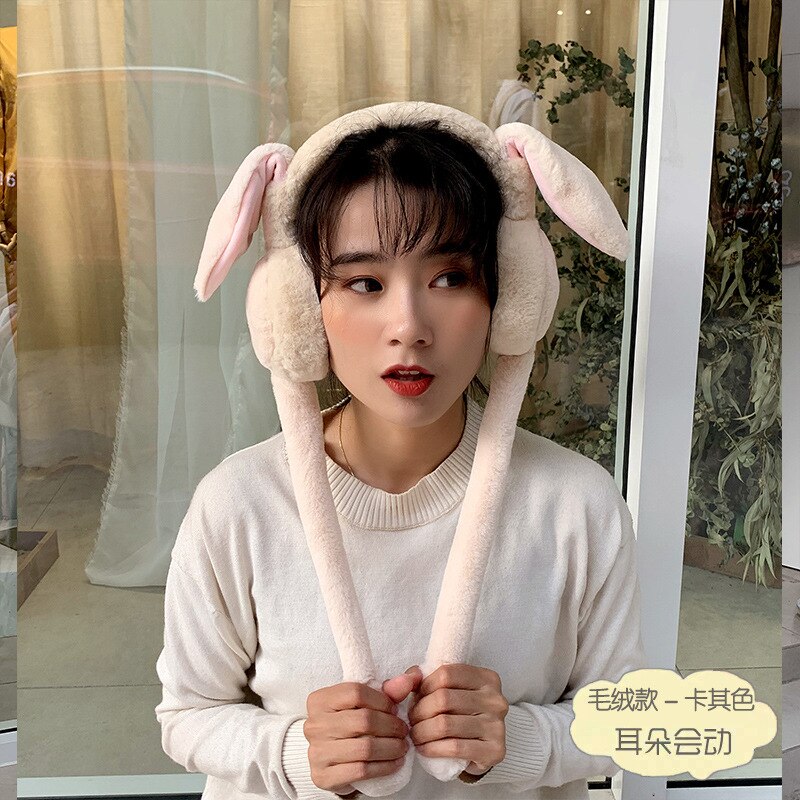 Protège-oreilles mobiles pliables avec oreille de lapin en hiver coupe-vent pour filles, protège-oreilles en peluche tricoté, oreilles de lapin poilu: Plush kahki
