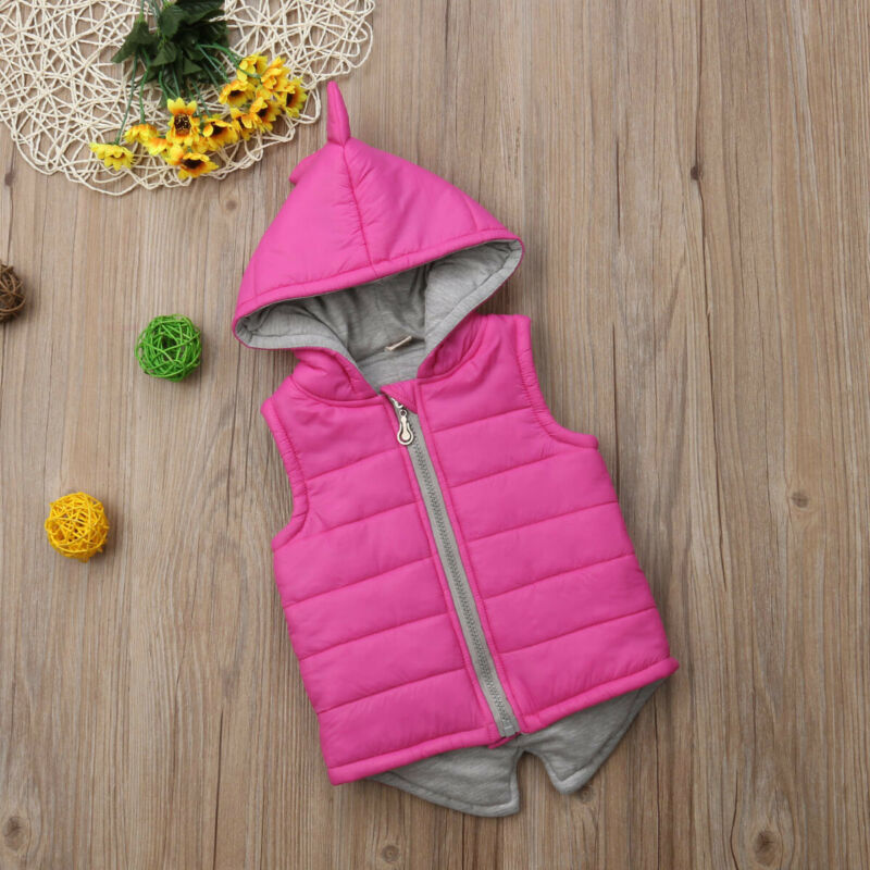 Princess Kids Baby Girl Autumn Winter Dinosaur Hooded Cotton-padded Sleeveless Vests Jacket Waistcoat Coat Outwear